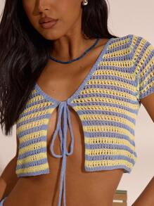 MUSERA Striped Crochet Knit Tie Front Short Sleeve Crop Cardigan Only Spring Summer Vacation Boho Ibiza Elegant Beach Cute The Beach House Beach Club Holiday Fall Autumn Winter Everyday Casual Fall  Chic - Multicolor - View 4