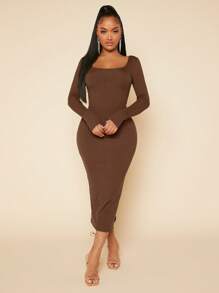 SHEIN SXY Solid Square Neck Bodycon With Sleeves Black Dress - Coffee Brown - View 4
