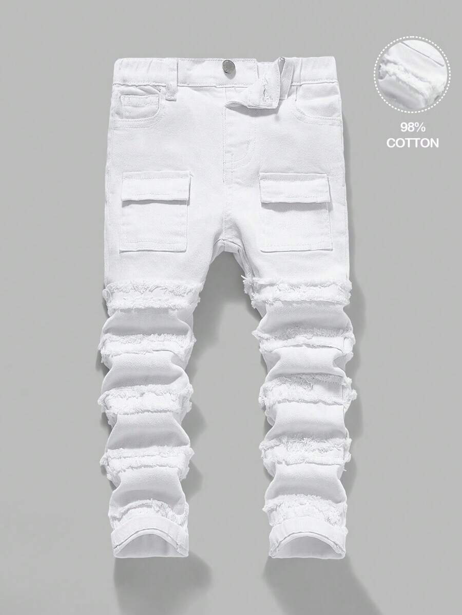 年轻男孩新款时尚贴布毛边白色弹力牛仔工装牛仔裤，带口袋，适合男孩春夏室内/室外服装和日常街头服饰