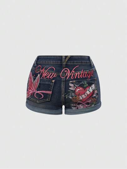 Fairycore Shorts vaqueros de tiro bajo para mujer con bordado de mariposa y esqueleto en estilo vintage y desgarrado del año 2000, para verano