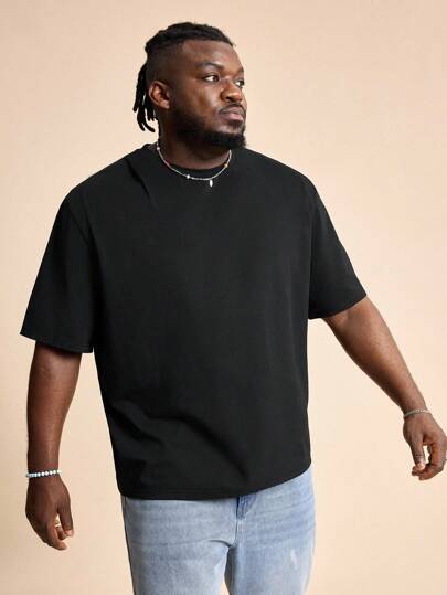 EASEVO Plus Size Men's Casual Loose Black Knit Short Sleeve T-Shirt, Round Neck, Suitable For Summer