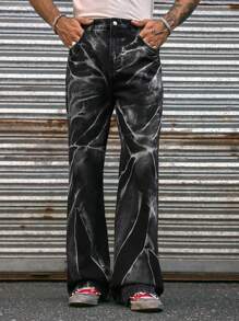 AXEPEAK Fashion Streetwear Distressed Flared Men's Jeans - Black - View 1