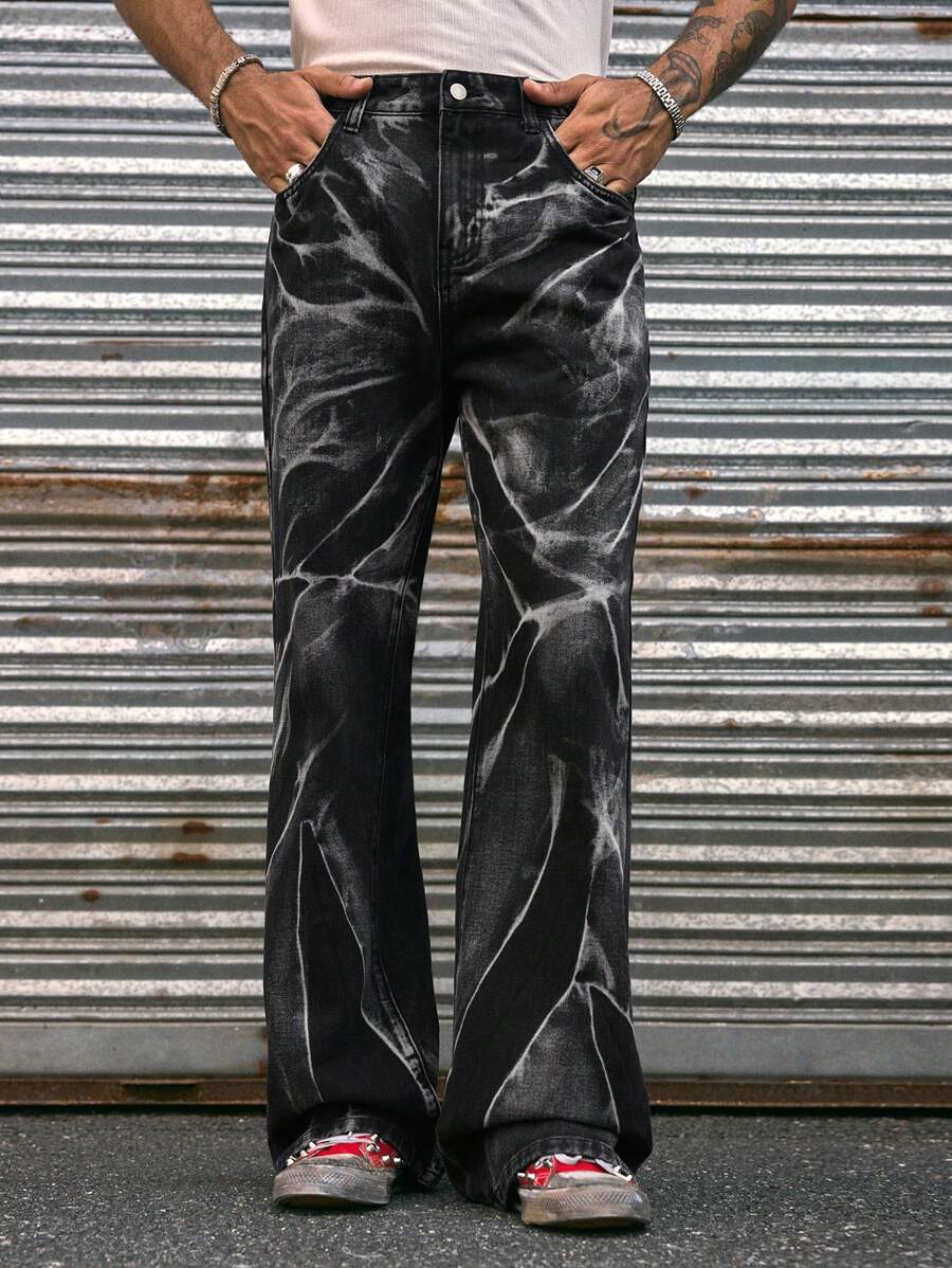 AXEPEAK Fashion Streetwear Distressed Flared Men's Jeans - Black - View 1