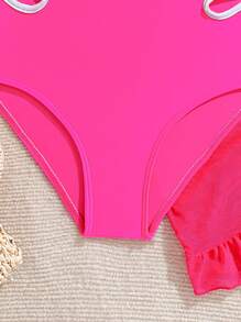 Tween Girl Laser Cut Ruffled One-Piece Swimsuit - Hot Pink - View 6