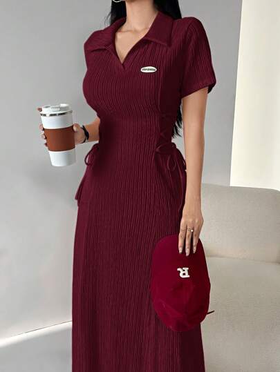 Aidyla 女士字母印花翻领袖侧腰系带中长款休闲连衣裙女式长款晚礼服