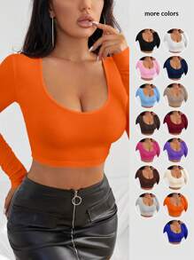 SHEIN SXY Solid Scoop Neck Crop Tee - Orange - View 1
