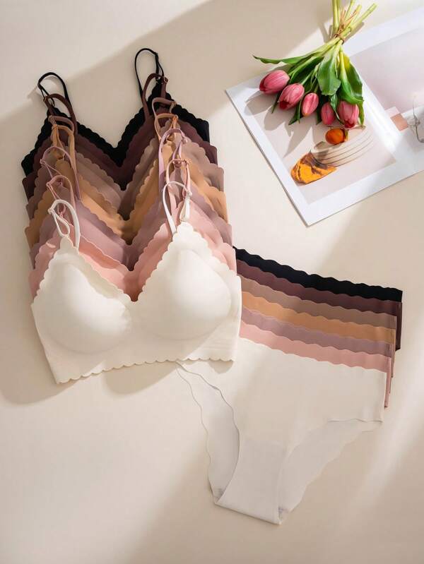 SHEIN 14 pièces Ensemble de lingerie sans couture confortable avec ourlet ondulé
