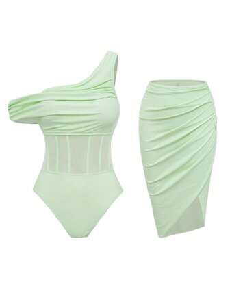 Swim Oasis 2 Stücke/Set Sommer Urlaub sexy einfarbig elegantes plissiertes Mesh Patchwork asymmetrischer Hals Diagonal Schulter Damen Badeanzug & asymmetrischer langer Rock