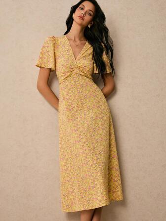 Poéselle 女式碎花 V 领扭结短袖中长连衣裙，夏季