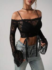 SHEIN ICON Women's Off Shoulder Lace Ruched Flare Sleeve Sheer Blouse - Black - View 5