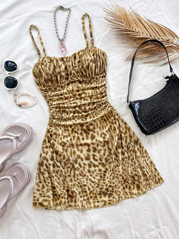 Soleia Sexy Spaghetti Strap Leopard Print Mesh Slip Dress,Summer Dresses For Women