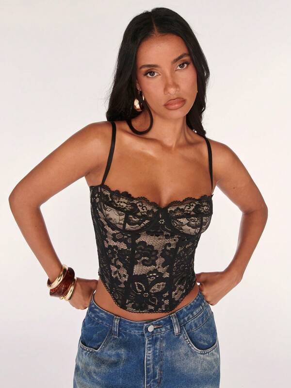 SHEIN BAE Sexy Lace See-Through Camisole Top, Party Outfit, Date, Casual, Commute, Cute Bralette, Sexy Club Top, Corset Top, Strapless Top, Going Out Top, Summer Tops, Cute Top, Summer Outfits For Women, Lace Top