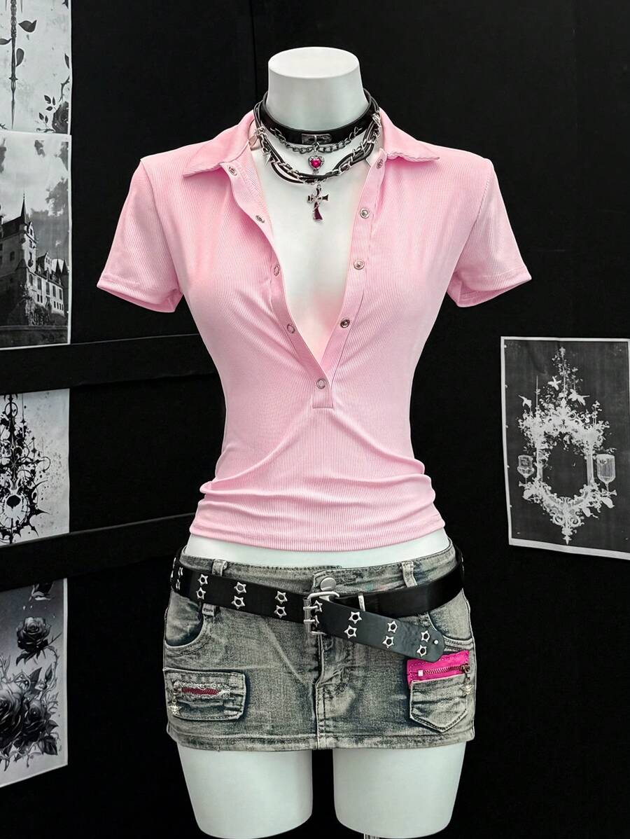 EgrlEra Women's Sexy V-Neck Short Sleeve Plain T-Shirt - Pink - View 1