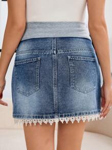 SHEIN 孕妇装牛仔蕾丝拼布破洞口袋牛仔迷你裙 - 中等水洗藍 - 查看 3