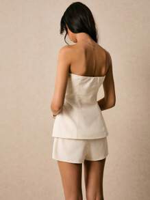Poéselle Women's Solid Color Metal Button Design Bandeau Top And Mini Skirt 2 Pieces Set - Apricot - View 3