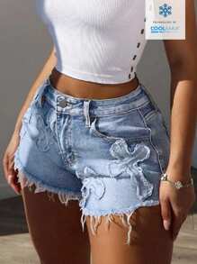 SHEIN ICON Women's Casual Frayed Hem Patchwork Denim Shorts - Light Wash - View 1