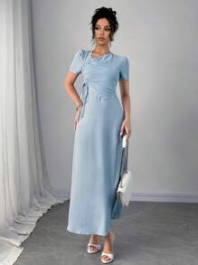 Chiquease Oblique Neck Pleated Drawstring Short Sleeve Long Woman's Dress - Baby Blue - View 6