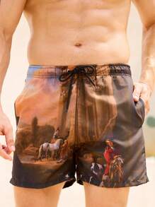 Manfinity Men's Summer Portrait Pattern Drawstring Waist Beach Shorts