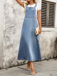 EMERY ROSE Women's Solid Color Pockets Casual Sleeveless Denim Jumper Dress - Blue - View 5