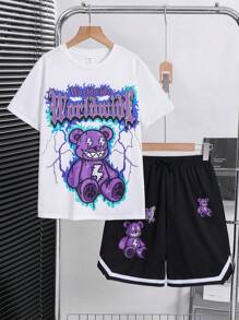 Set de 2 piezas para niño preadolescente con camiseta de cuello redondo blanca casual deportiva y pantalones cortos negros con estampado de oso europeo y americano de graffiti, adecuado para ropa de niños, atuendos de niño pequeño, de vuelta al cole, apto para fiestas de cumpleaños, fiestas de noche, actuaciones, bodas, bautizos, ceremonias de apertura, apto para uso diario, apto para la escuela, apto para viajes, apto para deportes, apto para primavera y verano