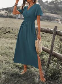 Breezaya Robe longue fendue col en V de couleur unie, tenue de vacances à la plage pour femmes