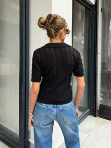 EURMUSE Heart Embroidery Polo Neck Cable Knit Top - Black - View 2