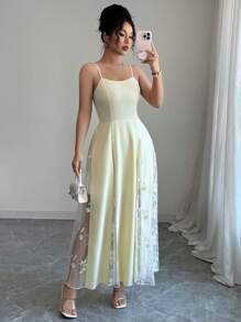 Selianne 女式夏季花卉刺绣网眼拼布吊带裙 - 黃色 - 查看 6