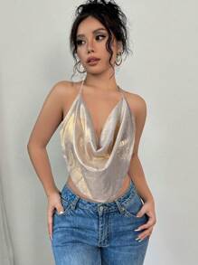 Firerie Top camisero plisado de unicolor con espalda abierta para salir, top camisero con cuello drapeado, espalda abierta y tela brillante para festival de música, top camisero elegante y sexy con estilo retro y romántico Y2K para festivales de música, conciertos y carnavales para mujeres - Plateado - Ver 5
