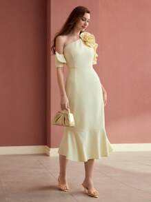 MOTF PREMIUM STEREO FLORAL MERMAID HEM DRESS - Apricot - View 4