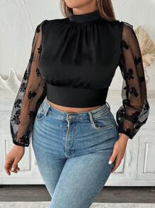 Flirla Plus Size Women's Elegant Butterfly Embellished Mesh Backless Lantern Sleeve Blouse Fall Cloth For Women - Black - View 5