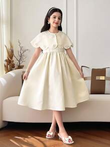 SHEIN Tween Girl Crew Neck Cape Pearl Beading Jacket & Elegant High Waist Long Dress 2Pcs Set, Sweet Princess Dress - Apricot - View 6