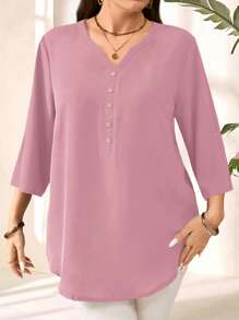 EMERY ROSE Plus Size Women's Purple Red 3/4 Sleeve Blouse, Early Spring - Pink - View 5