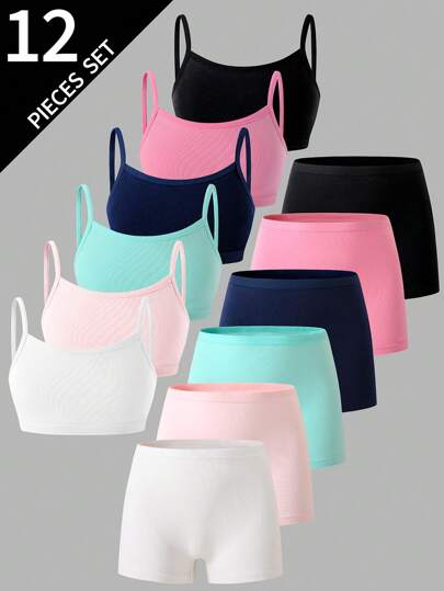 Sparklyn 6pcs/Set Tween Girl Cotton Solid Color Simple Camisole Bra And Briefs Underwear Set Back To School Fashion