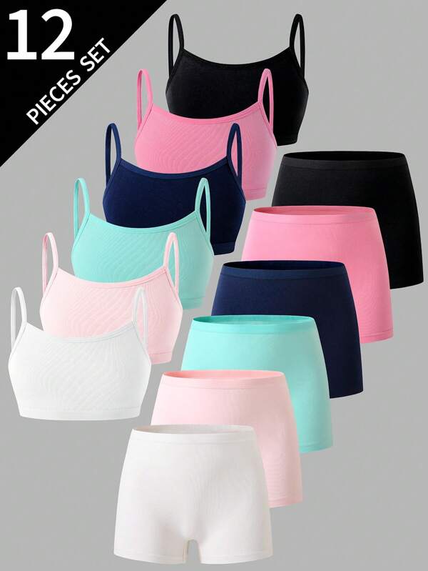 Set van 6 meisjesondergoedsets in effen katoen met een eenvoudig camisole, bh en slipje
