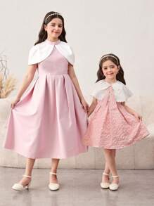 SHEIN Young Girl Color-Block Large Lapels Patchwork Floral Jacquard Bowknot Decor Midi Dress, Shawl Neck, Ruffle Cake Dress, Flower Girl, Cute & Elegant & Sweet & Vintage & Fashionable. Mom And Daughter & Sisters Matching, Family Vacation, Daily Wear, Home Family Gatherings And Special Occasions, Sibling Outfits, Gorgeous Princess, Party Wear, For Birthdays, Spring/Summer. - Pink - View 11
