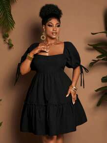 Maweii Robe d'été unie à volants avec nœud sur le dos grande taille