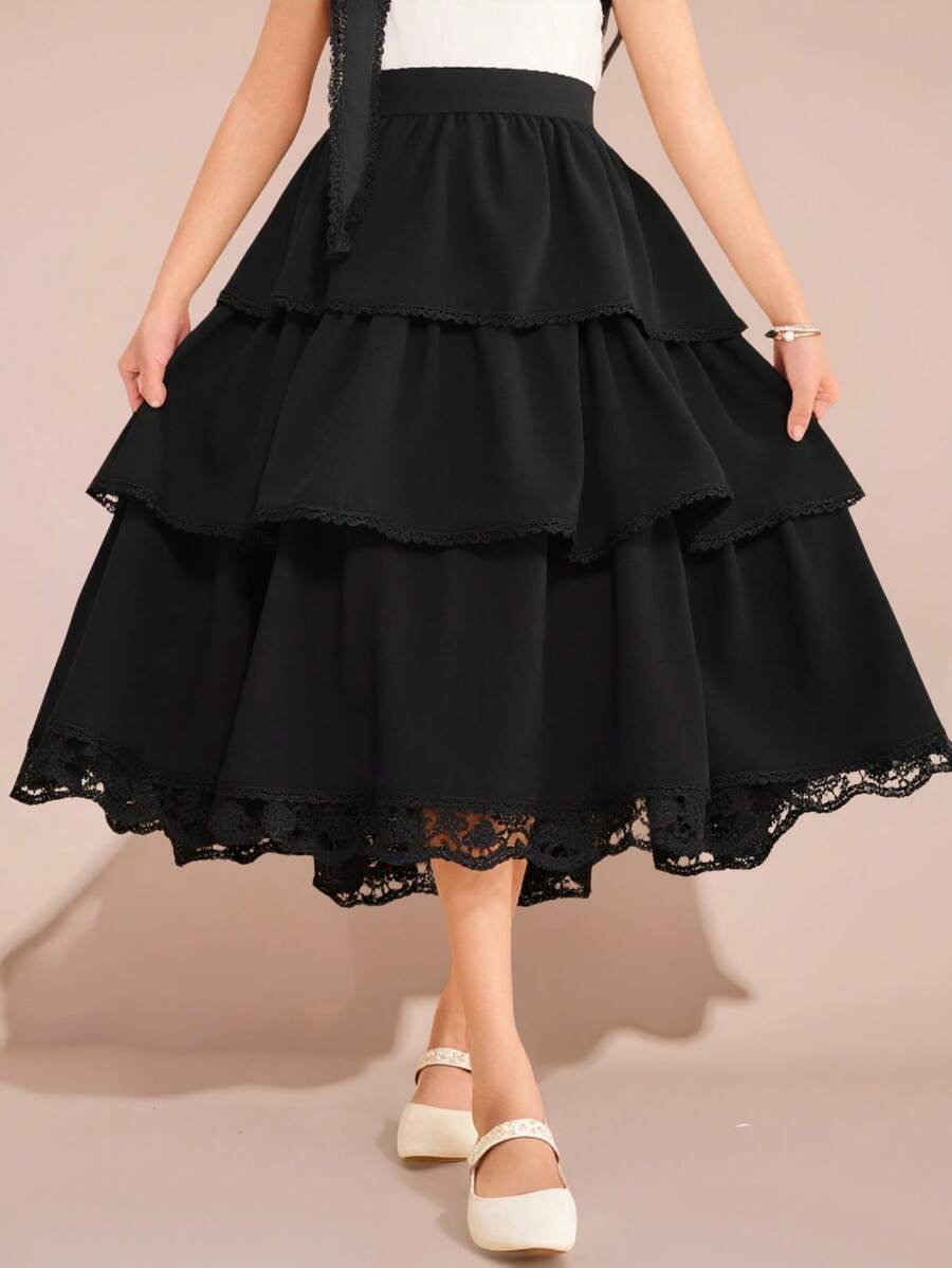 SHEIN Tween Girls' Summer Versatile Ruffle Elastic Waist Elegant Skirt - Black - View 1