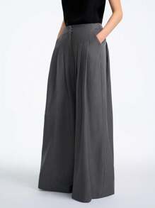 Aalyst 女士优雅简约高端休闲度假通勤舒适宽松前中褶阔腿裤长裤春夏 - 深灰色 - 查看 4