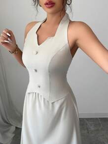Gloray Tuta elegante e casual per donne, con scollo a v e allacciatura sul collo, in colore unico, adatta per l'estate e per l'ufficio