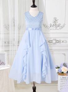 青少年女孩蕾丝上衣 V 领雪纺连衣裙，带荷叶边下摆，适合休闲聚会和派对 - 淺藍色 - 查看 3