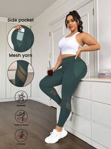 Easithlete Plus Size High Waist Mesh Panel Shaping Leggings With Side Pockets, Tummy Control, Butt Lifting Yoga Women Pants Workout Weight Loss Camouflage - Dark Green - View 3