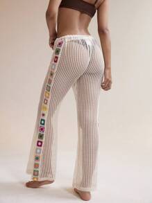 Easelle Pantaloni casual estivi da donna, rett e morbidi, in maglia a griglia all'uncinetto, per vacanze e spiaggia, primavera/estate