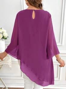 SHEIN Clasi Áo cánh tay dài rộng rãi màu trơn cổ xoắn viền bất đối xứng cỡ lớn dành cho nữ - Màu đỏ tím - Xem 2