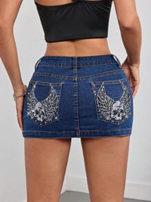 SHEIN PETITE Saia Denim Apertada e Sexy para Mulheres, Cintura Baixa, Mini, Azul - Lavagem Média - Visão 2
