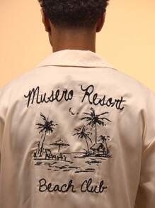 Casual Smart Street Style Satin "Musero Resort Beach Club" Button Through Short Sleeve Shirt Only For Summer Holiday Vacation - White - View 4