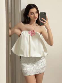 Sweetina Women's Summer Vacation Puff Sleeve Flared Crop Top - Apricot - View 1