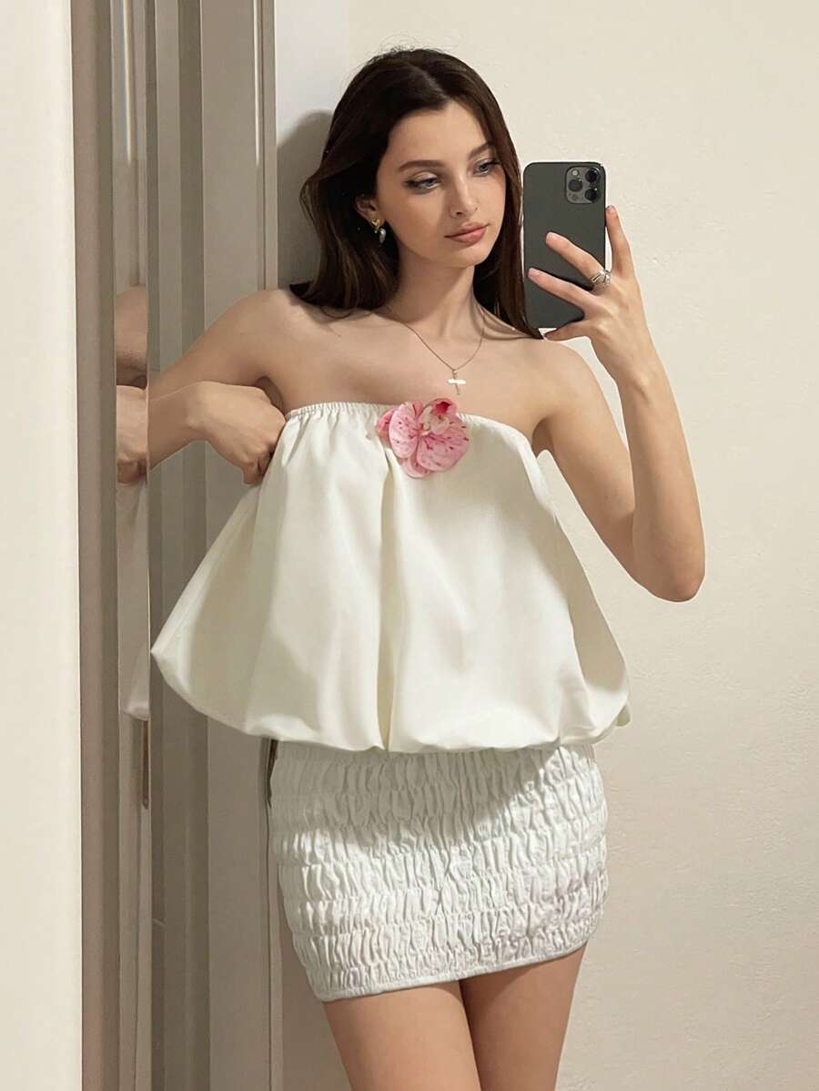 Sweetina Women's Summer Vacation Puff Sleeve Flared Crop Top - Apricot - View 1