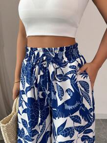 Breezaya Quần ống rộng in họa tiết thường ngày có túi, cạp rút, phong cách đi nghỉ - Màu xanh lam - Xem 6