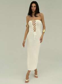 Aloruh Ladies Knitted Backless Tube Top Mini Dress - White - View 4