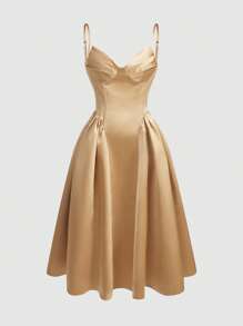 Poshira Women Elegant Solid Color Cinched Waist Spaghetti Strap Party Dress, Prom Dress - Khaki - View 8